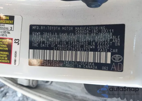 2011 Toyota Corolla S из США, поврежденный, VIN 2T1BU4EE2BC693753